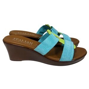 Italian Shoemakers Womens 8 Wedge Slide Sandals Turquoise Green Made in Italy